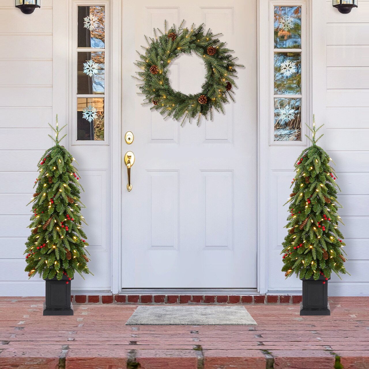 Set of 2/3 4/6/7FT Green Artificial Christmas Porch Tree with red berries,pinecones and warm white lights,3 function w/Foot Pedal